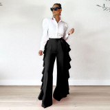 Solid Ruffled High Waist Wide Leg Pants YF-10191
