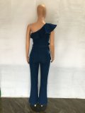 Plus Size Denim Ruffled One Shoulder Sashes Jumpsuit LX-3528