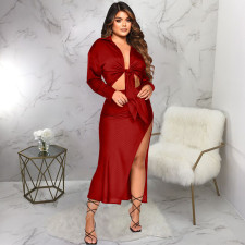 Sexy Long Sleeve Top Split Long Skirt 2 Piece Sets YF-10203