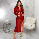 Sexy Long Sleeve Top Split Long Skirt 2 Piece Sets YF-10203