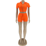 Solid Hooded Zipper Two Piece Shorts Sets FNN-8685