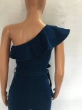 Plus Size Denim Ruffled One Shoulder Sashes Jumpsuit LX-3528