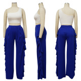 Solid Ruffled High Waist Wide Leg Pants YF-10191