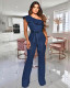 Plus Size Denim Ruffled One Shoulder Sashes Jumpsuit LX-3528