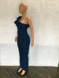 Plus Size Denim Ruffled One Shoulder Sashes Jumpsuit LX-3528