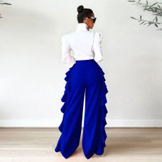 Solid Ruffled High Waist Wide Leg Pants YF-10191