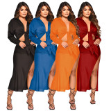 Sexy Long Sleeve Top Split Long Skirt 2 Piece Sets YF-10203