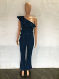 Plus Size Denim Ruffled One Shoulder Sashes Jumpsuit LX-3528
