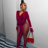 Sexy Patchwork Long Sleeve Jumpsuit (With Gloves)YF-10187