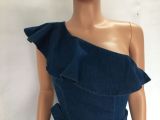 Plus Size Denim Ruffled One Shoulder Sashes Jumpsuit LX-3528