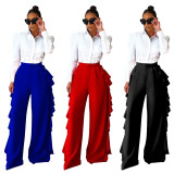 Solid Ruffled High Waist Wide Leg Pants YF-10191