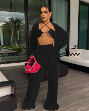 Solid Bra+Shirt+Wide Leg Pants 3 Piece Sets ME-8169