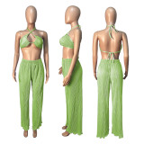 Solid Bra+Shirt+Wide Leg Pants 3 Piece Sets ME-8169