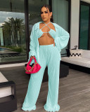 Solid Bra+Shirt+Wide Leg Pants 3 Piece Sets ME-8169