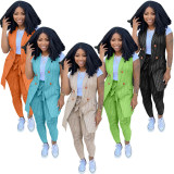 Plus Size Striped Sleeveless Vest Coat+Pants 2 Piece Sets YIM-265
