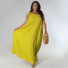 Plus Size Polka Dot Print One Shoulder Loose Maxi Dress NNWF-7577