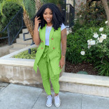 Plus Size Striped Sleeveless Vest Coat+Pants 2 Piece Sets YIM-265