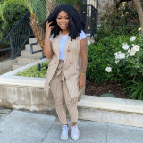 Plus Size Striped Sleeveless Vest Coat+Pants 2 Piece Sets YIM-265
