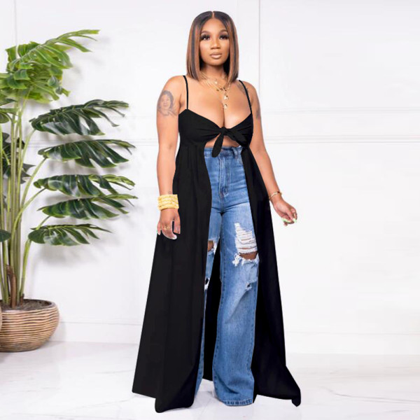 Plus Size Solid Bow Tie Irregular Sling Top YF-10176