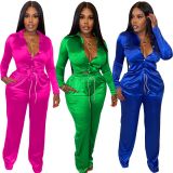 Solid Long Sleeve Shirt And Pants 2 Piece Sets YNSF-1850