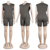 Solid Knitted V Neck Sweater Shorts 2 Piece Sets NY-079