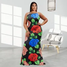 Plus Size Flower Print Cross Strap Maxi Dress OSIF-22259