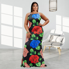 Plus Size Flower Print Cross Strap Maxi Dress OSIF-22259