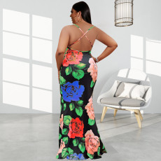 Plus Size Flower Print Cross Strap Maxi Dress OSIF-22259