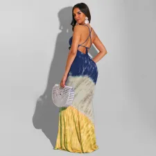 Plus Size Printed Cross Strap Backless Maxi Dress OSIF-22302