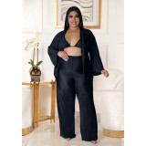 Plus Size Solid Bra+Long Sleeve Shirt+Pants 3 Piece Sets ASL-7083