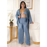 Plus Size Solid Bra+Long Sleeve Shirt+Pants 3 Piece Sets ASL-7083