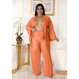 Plus Size Solid Bra+Long Sleeve Shirt+Pants 3 Piece Sets ASL-7083