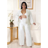 Plus Size Solid Bra+Long Sleeve Shirt+Pants 3 Piece Sets ASL-7083