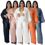 Plus Size Solid Bra+Long Sleeve Shirt+Pants 3 Piece Sets ASL-7083