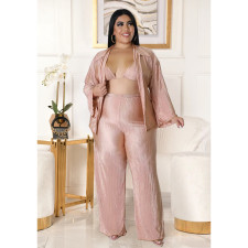Plus Size Solid Bra+Long Sleeve Shirt+Pants 3 Piece Sets ASL-7083