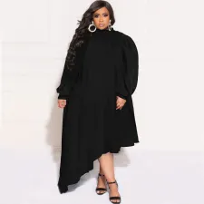 Plus Size Solid Long Sleeve Irregular Maxi Dress NNWF-7599