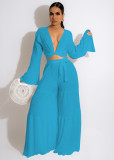 Solid V Neck Long Sleeve Wide Leg Pants 2 Piece Sets MEM-88450