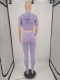 Solid Hooded Short Sleeve Two Piece Pants Sets YIM-077