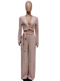 Solid V Neck Long Sleeve Wide Leg Pants 2 Piece Sets MEM-88450