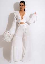 Solid V Neck Long Sleeve Wide Leg Pants 2 Piece Sets MEM-88450