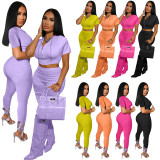 Solid Hooded Short Sleeve Two Piece Pants Sets YIM-077