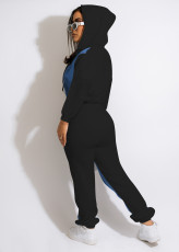 Denim Patchwork Hooded Two Piece Pants Sets MEM-88451