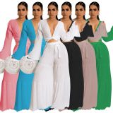 Solid V Neck Long Sleeve Wide Leg Pants 2 Piece Sets MEM-88450