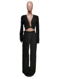 Solid V Neck Long Sleeve Wide Leg Pants 2 Piece Sets MEM-88450