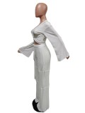 Solid V Neck Long Sleeve Wide Leg Pants 2 Piece Sets MEM-88450