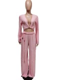 Solid V Neck Long Sleeve Wide Leg Pants 2 Piece Sets MEM-88450
