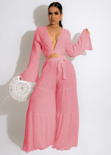 Solid V Neck Long Sleeve Wide Leg Pants 2 Piece Sets MEM-88450