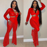 Sexy Hot Drilling Crop Top+Pants+Briefs 3 Piece Sets BY-5869