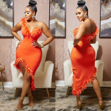 Sexy Feather One Shoulder Irregular Club Dress BY-5907