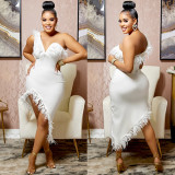 Sexy Feather One Shoulder Irregular Club Dress BY-5907